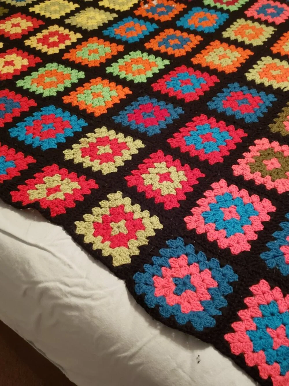 Vintage Granny Square Afghan Black Rainbow Crochet Blanket 56x90 Handmade Throw